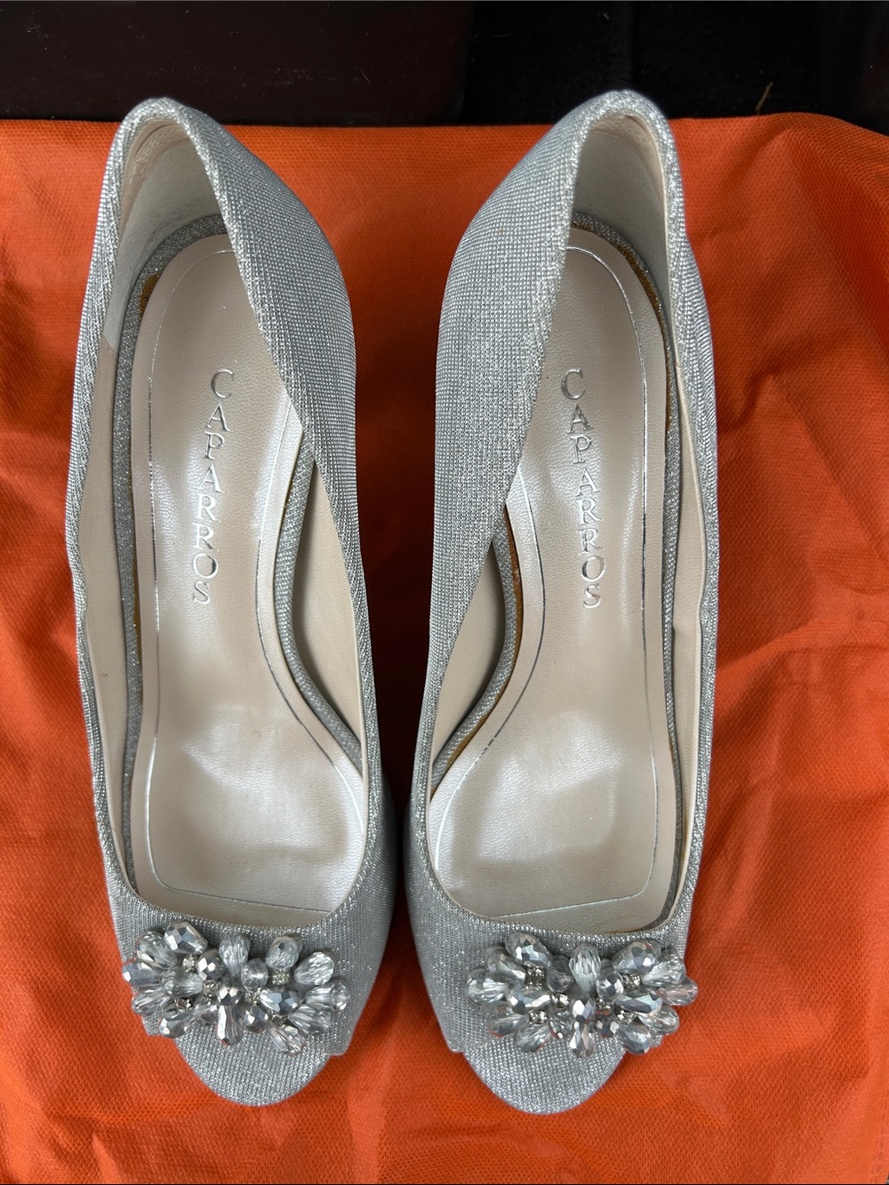 Caparros Sparkling Silver Jeweled Peep-Toe Pumps